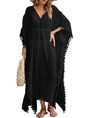 Bsubseach Badeanzug Cover Up für Bademode Frauen Kaftan Kleider Sommer Kaftan mit Kordelzug Schwarz von Bsubseach