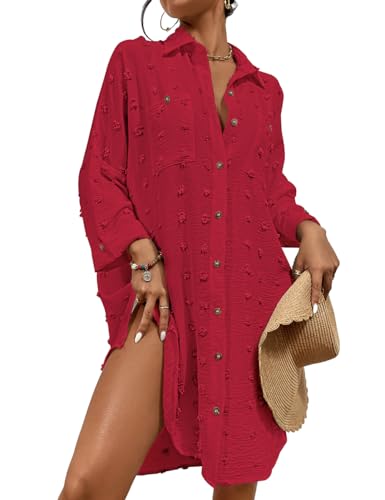 Bsubseach Badeanzug Coverup für Frauen Badeanzug Cover Up Button Down Shirt Kleider Swiss Dot Rot von Bsubseach