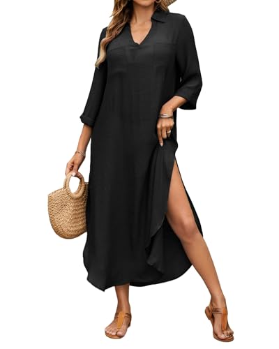 Bsubseach Badeanzug Cover Up für Frauen V Hals Lange Strand Cover Ups Sommer Seite Schlitz Maxi Kimono Kleid mit Taschen Schwarz S von Bsubseach