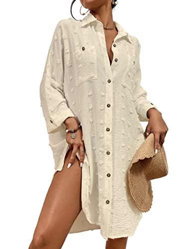 Bsubseach Badeanzug Coverup für Frauen Badeanzug Cover Up Button Down Shirt Kleider Swiss Dot Aprikose von Bsubseach