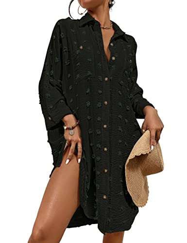 Bsubseach Badeanzug Coverup für Damen Badeanzug Cover Up Button Down Shirt Kleider Swiss Dot Black von Bsubseach