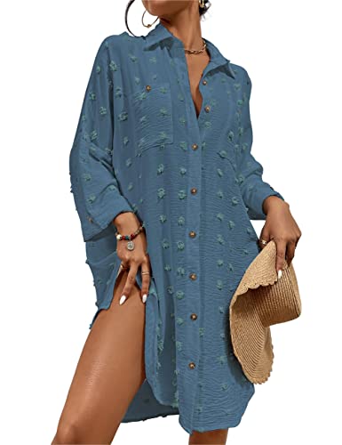 Bsubseach Badeanzug Coverup für Frauen Badeanzug Cover Up Button Down Shirt Kleider Schweizer Dot Grau Blau von Bsubseach