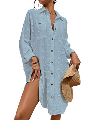 Bsubseach Badeanzug Coverup für Frauen Badeanzug Cover Up Button Down Shirt Kleider Swiss Dot Hell Blau von Bsubseach