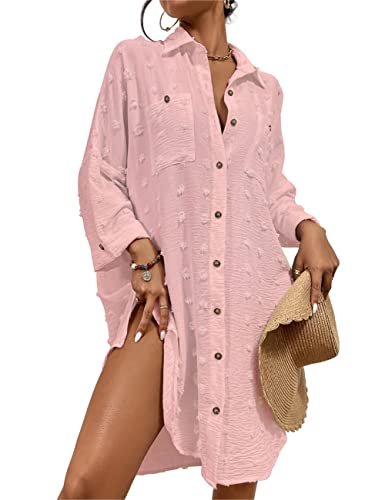 Bsubseach Badeanzug Coverup für Frauen Badeanzug Cover Up Button Down Shirt Kleider Schweizer Dot Light pink von Bsubseach
