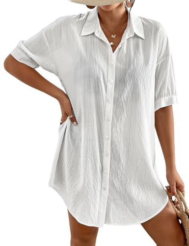 Bsubseach Badeanzug Coverup für Frauen Badeanzug Cover Ups Button Down Shirt Kleid Beachwear Weiß L von Bsubseach