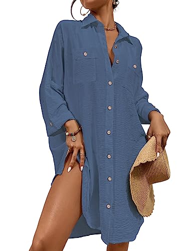 Bsubseach Sommer Strandkeid für Frauen Button Down Strand Shirt Kleid Badeanzug Cover Up V-Ausschnitt Strandponcho Bademode Resort Wear Blauer Dunst L von Bsubseach