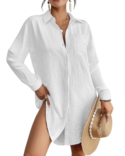 Bsubseach Badeanzug Coverup für Frauen Button Down Strand Cover Ups Langarm Shirt Kleid Moderne Bluse Top Weiß XL von Bsubseach
