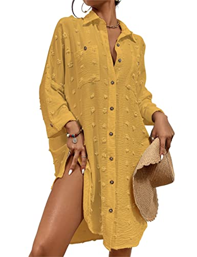 Bsubseach Badeanzug Coverup für Frauen Badeanzug Cover Up Button Down Shirt Kleider Swiss Dot Gelb von Bsubseach