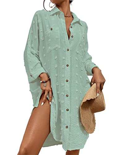 Bsubseach Badeanzug Coverup für Frauen Badeanzug Cover Up Button Down Shirt Kleider Swiss Dot Mint Grün von Bsubseach