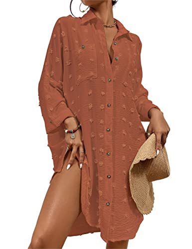 Bsubseach Badeanzug Coverup für Frauen Button Down Strand Schweizer Dot Shirt Kleid Badeanzug Cover Up Ziegelrot von Bsubseach