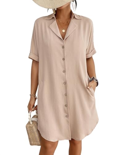 Bsubseach Badeanzug Coverup für Frauen Button Down Strand Schwimmen Cover Up Shirt Kleid Kurzarm Sommer Strandbekleidung Khaki L von Bsubseach