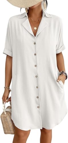 Bsubseach Badeanzug Coverup für Frauen Button Down Strand Schwimmen Cover Up Shirt Kleid Kurzarm Sommer Strandbekleidung Weiß L von Bsubseach