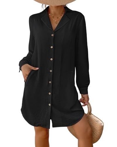 Bsubseach Badeanzug Coverup für Frauen Lange Ärmel Badeanzug Bluse Button Down Shirt Kleid Strand Urlaub Kleidung Schwarz XL von Bsubseach