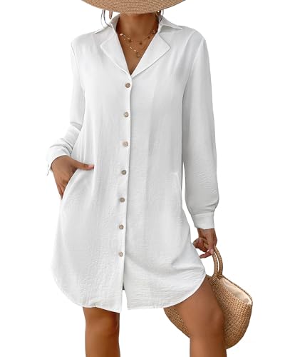 Bsubseach Badeanzug Coverup für Frauen Lange Ärmel Badeanzug Bluse Button Down Shirt Kleid Strand Urlaub Kleidung Weiß XXL von Bsubseach