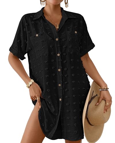 Bsubseach Badeanzug Coverup für Frauen Swiss Dot Badeanzug Bademode Button Down Beach Shirt Cover Up Resort Wear Schwarz M von Bsubseach