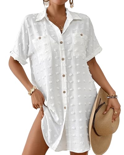 Bsubseach Badeanzug Coverup für Frauen Swiss Dot Badeanzug Bademode Button Down Beach Shirt Cover Up Resort Wear Weiß M von Bsubseach