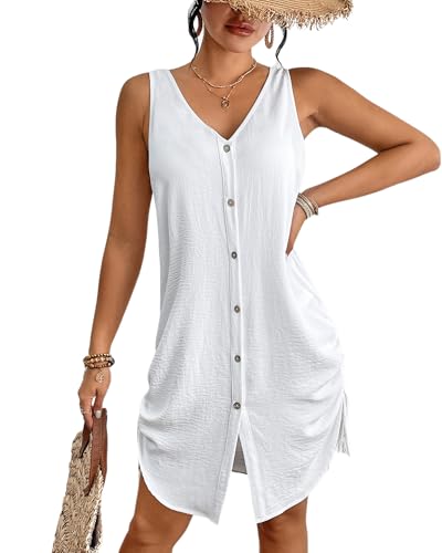 Bsubseach Badeanzug Coverup für Frauen V-Ausschnitt Ärmellose Strandkleid Urlaub Outfits Weiß M von Bsubseach