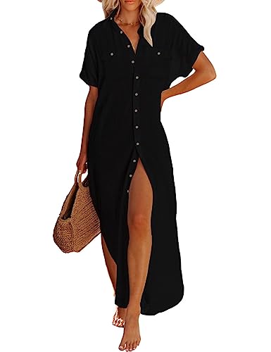 Bsubseach Badeanzug Coverup für Frauen Lange Kimonos Strickjacke Seite Split Button Down Badeanzug Cover Ups Kurze Ärmel Sommer Strand Outfits Schwarz von Bsubseach