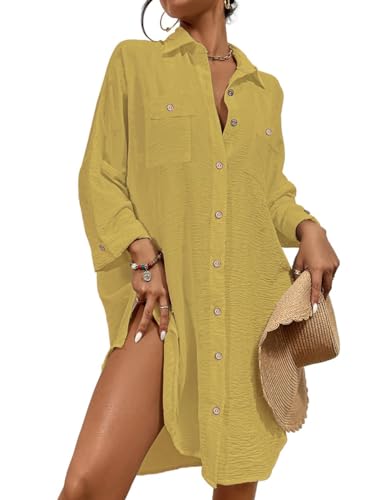 Bsubseach Sommer Strandkeid für Frauen Button Down Strand Shirt Kleid Badeanzug Cover Up V-Ausschnitt Strandponcho Bademode Resort Wear Gelb S von Bsubseach