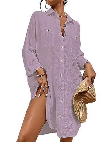 Bsubseach Sommer Strandkeid für Frauen Button Down Strand Shirt Kleid Badeanzug Cover Up V-Ausschnitt Strandponcho Bademode Resort Wear Lila L von Bsubseach