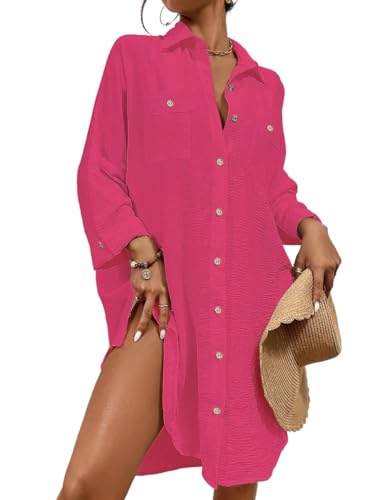 Bsubseach Sommer Strandkeid für Frauen Button Down Strand Shirt Kleid Badeanzug Cover Up V-Ausschnitt Strandponcho Bademode Resort Wear Rose Rot M von Bsubseach