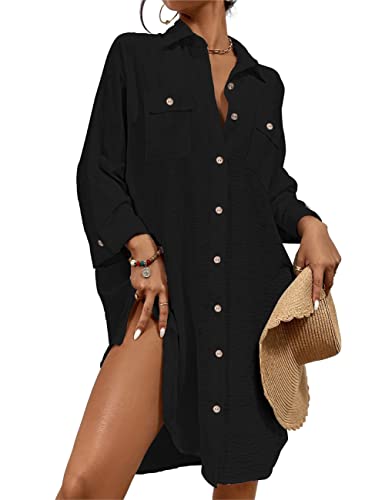 Bsubseach Sommer Strandkeid für Frauen Button Down Strand Shirt Kleid Badeanzug Cover Up V-Ausschnitt Strandponcho Bademode Resort Wear Schwarz XL von Bsubseach