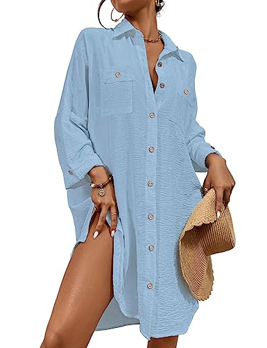 Bsubseach Sommer Strandkeid für Frauen Button Down Strand Shirt Kleid Badeanzug Cover Up V-Ausschnitt Strandponcho Bademode Resort Wear Hell Blau M von Bsubseach
