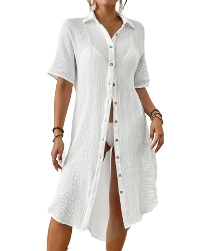 Bsubseach Baumwolle Lange Strand Abdeckungen für Frauen Sommer Button Down Schwimmen Badebekleidung Badeanzug Coverup Weiß S von Bsubseach