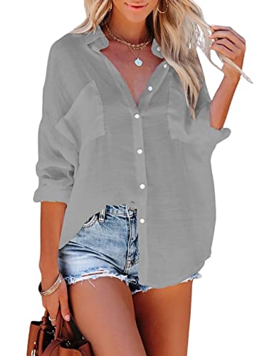 Bsubseach Button Down Swim Cover Up Shirt Sexy Langarm Strand Bluse Strandkleid für Damen Grau von Bsubseach