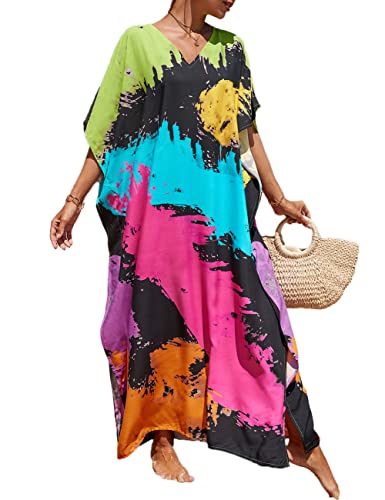 Bsubseach Beach Cover Up Lose Kaftan Kleid Kurzarm Badeanzug Coverup für Frauen Bunte Tie Dye von Bsubseach