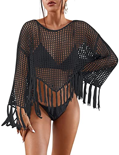 Bsubseach Gehäkelte Badeanzug für Frauen Sommer Mesh Strand Top Langarm Fransen Coverup Schwarz von Bsubseach