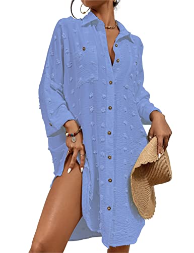 Bsubseach Beach Cover Up für Bademode Frauen Sommer Shirt Kleid Button Down Badeanzug Coverups Blau Lila von Bsubseach