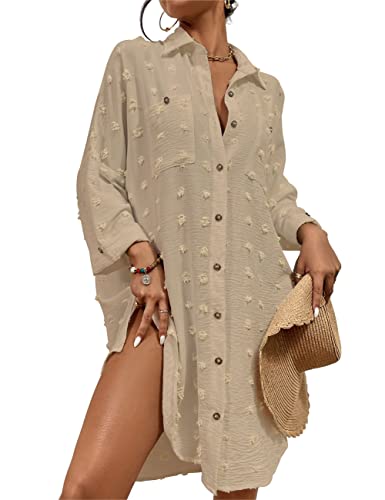 Bsubseach Badeanzug Coverup für Frauen Badeanzug Cover Up Button Down Shirt Kleider Swiss Dot Hell Khaki von Bsubseach