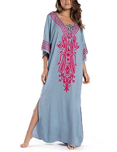 Bsubseach Einheitsgröße Bestickte V-Ausschnitt Strandkleid Bademode für Damen Kurzarm Side Split Beach Kaftan von Bsubseach