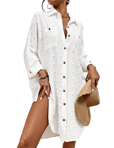 Bsubseach Badeanzug Coverup für Frauen Badeanzug Cover Up Button Down Shirt Kleider Swiss Dot Weiß von Bsubseach