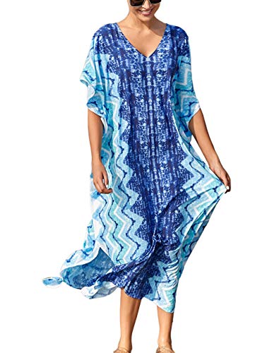 Bsubseach Blau Casual V-Ausschnitt Kaftan Kleider für Damen Kurzarm Loungewear Caftan Strandponcho von Bsubseach