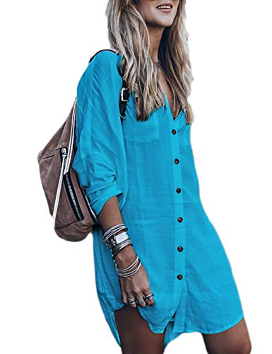 Bsubseach Einheitsgröße Langarm Strandkleid für Damen Loose Button Down Bademode Beach Shirt Tunika Kleid Blau von Bsubseach