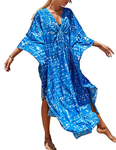 Bsubseach Blau Print V-Ausschnitt Kaftan Plus Size Cover Ups für Bademode Batwing Sleeve Caftan Maxi Kleider für Damen von Bsubseach