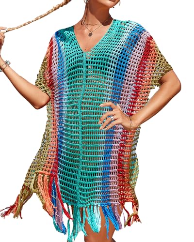 Bsubseach Blau Einheitsgröße Regenbogen Quaste Häkeln Abdeckung Bademode Strand Bikini Gestrickte Kleider Badeanzug Swim Coverups von Bsubseach