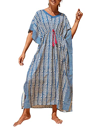 Bsubseach Blau Streifen Strand Kaftan Kleider für Frauen Kurzarm Badeanzug Cover Ups für Bademode von Bsubseach