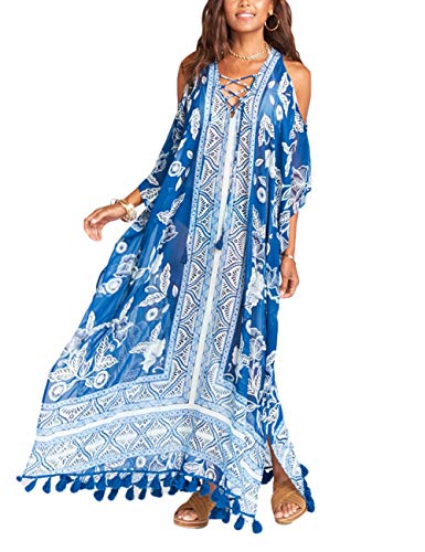 Bsubseach Blaue Blumen Print Lose kalte Schulter Strand Abdeckung Ups Bademode Quaste Chiffon Badeanzug Abdeckung Lange Kleid von Bsubseach