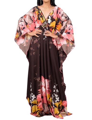 Bsubseach Braun Blume Print Plus Größe Caftan Kleider für Damen Strandkleid Batwing Ärmel Sommer Maxi Kaftan Kleid von Bsubseach