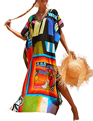 Bsubseach Bunte Geometrische Strand Cover Up Lose Kaftan Kleid Kurzarm Strandponcho für Damen von Bsubseach