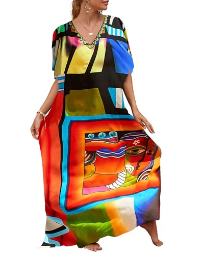 Bsubseach Lose Kaftan Kleider für Frauen Kurzarm Badeanzug Cover Up Casual Urlaub Outfits Bunt Geometrisch von Bsubseach