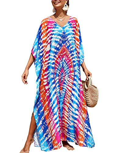 Bsubseach Bunte Strand Cover Up Lose Kaftan Kleid Kurzarm Badeanzug Coverup für Damen Blau Rot von Bsubseach