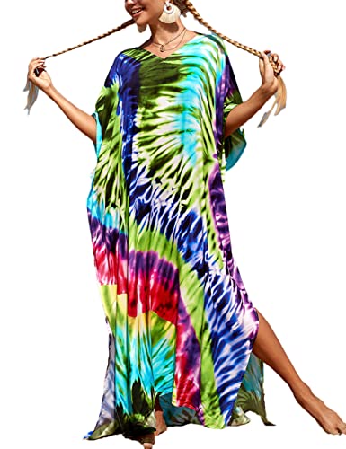 Bsubseach Bunte Strand Cover Up Lose Kaftan Kleid Kurzarm Badeanzug Coverup für Damen Grün von Bsubseach