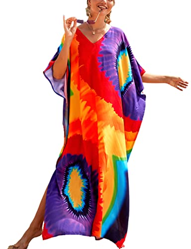 Bsubseach Bunte Strand Cover Up Lose Kaftan Kleid Kurzarm Badeanzug Coverup für Damen Regenbogen von Bsubseach