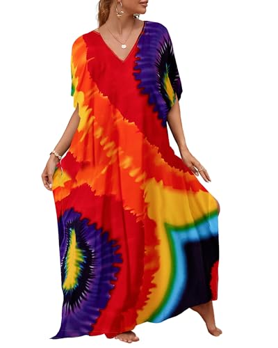 Bsubseach Lose Kaftan Kleider für Frauen Kurzarm Badeanzug Cover Up Casual Urlaub Outfits Bunt Regenbogen von Bsubseach