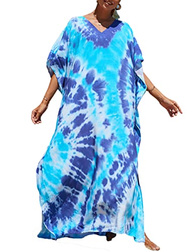 Bsubseach Bunte Strand Cover Up Loose Kaftan Kleid Kurzarm Badeanzug Coverup für Frauen Blau Tie Dye von Bsubseach