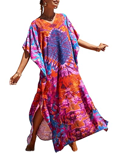 Bsubseach Bunte Strand Cover Up Loose Kaftan Kleid Kurzarm Badeanzug Coverup für Frauen Orange Rot von Bsubseach